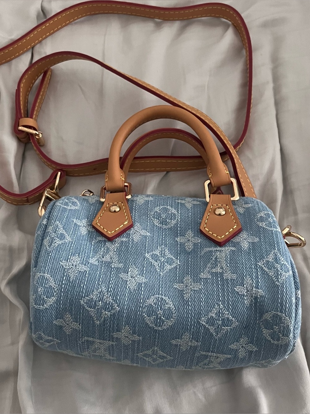 Light Blue Denim Mini with Tan Handles crossbody bag